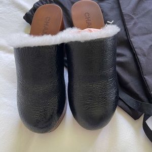 CHANEL leather and fur wooden clogs. Authentic.
